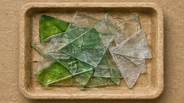Representative glass samples in a fiberboard specimen tray.